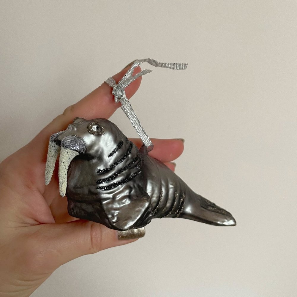 Anthropologie Glass Walrus Sealife Ornament Sparkly Christmas Tree Trim